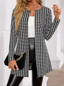 Women's Houndstooth Print Long Sleeve Open Front Jacket Fabric Fit, Casual Elegant Outerwear for Spring & Fall, Ladies Clothes for Daily Wear, Womenswear Piece