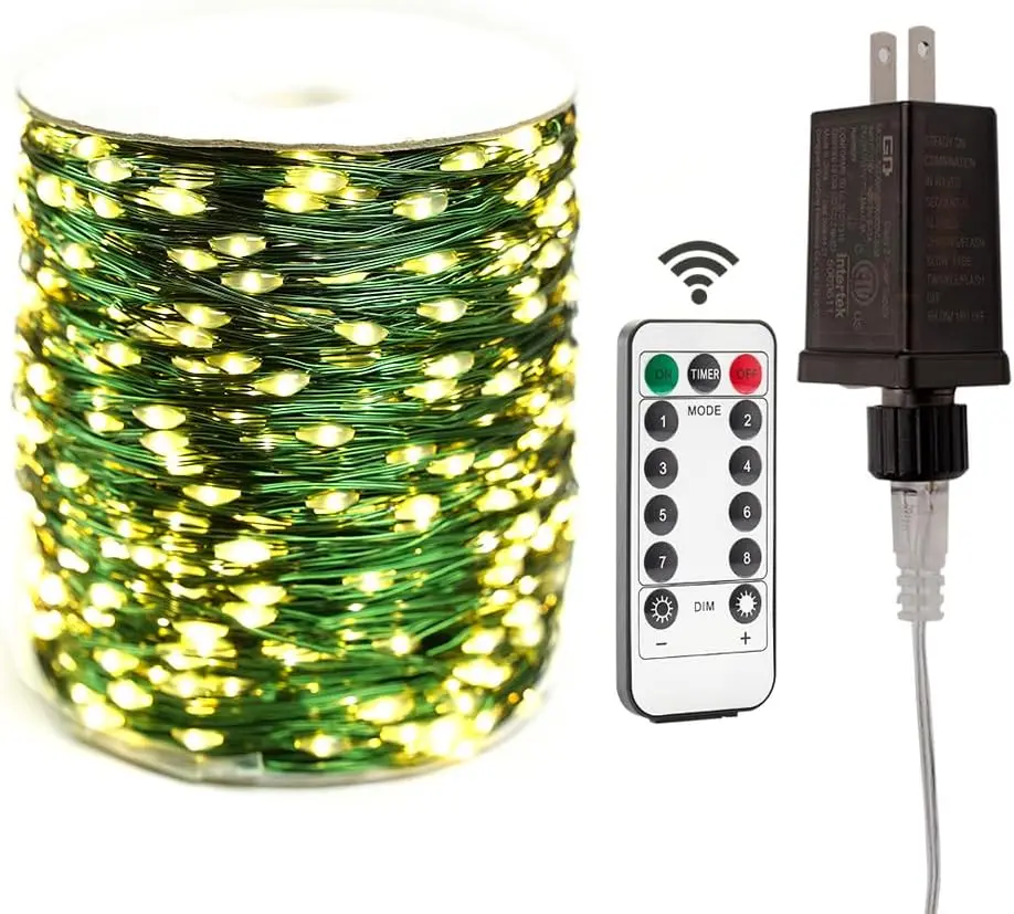 Green Wire Fairy Lights Plug in 100FT High Bright 300 LED Waterproof LED String Lights with Remote Warm White for Christmas Tree, Patio, Garden, Backyard, Light-Changing Indoor