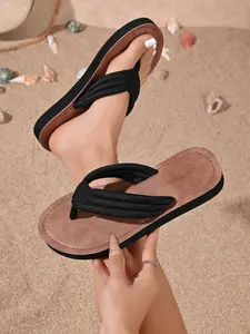 Women's Summer Fashion Woven Rattan Flat Sandals, Casual Beach Slippers with Faux Leather Sole, Textile Upper, Plain Pattern