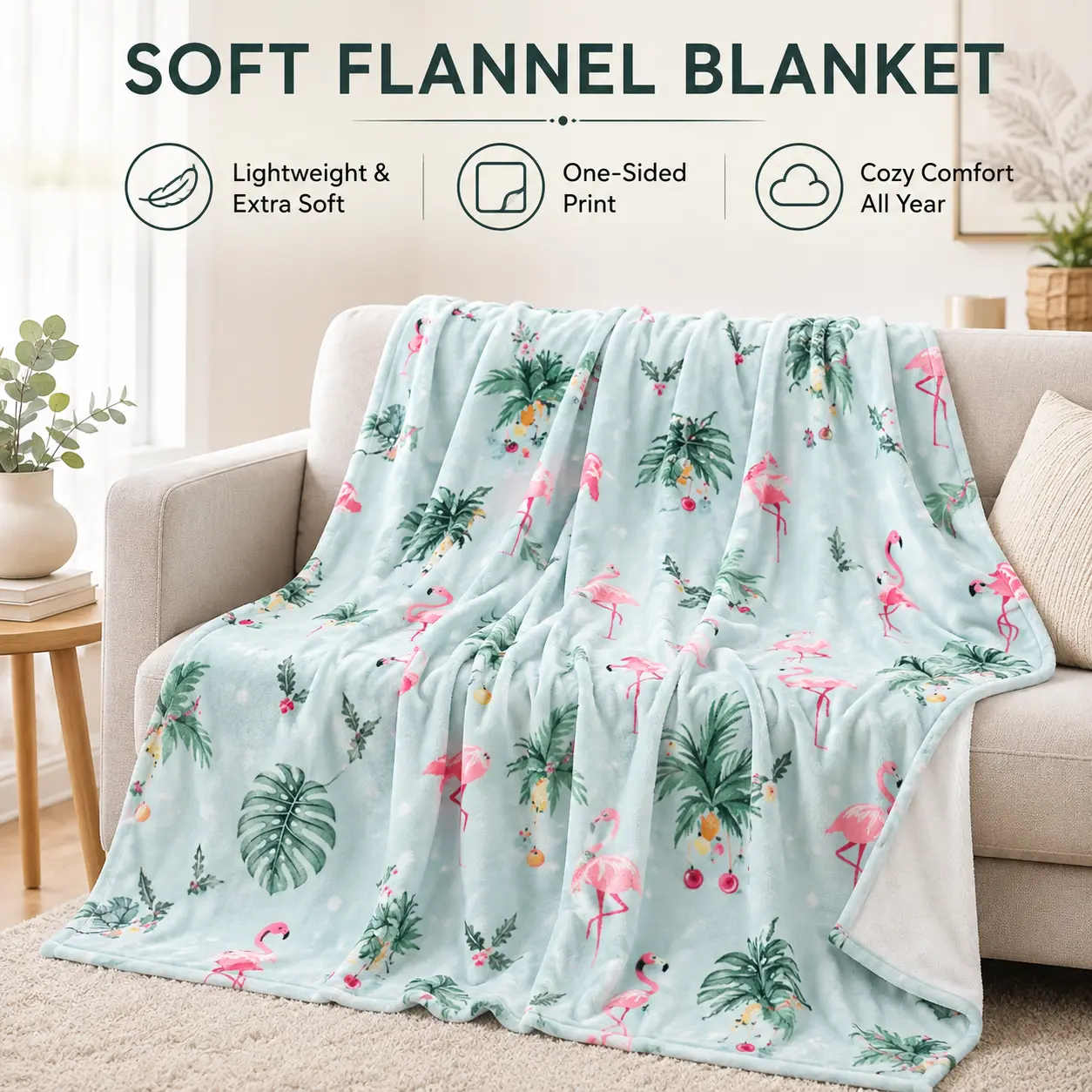 Tropical Flamingo Flannel Throw Blanket - Soft, Lightweight Pink Flamingo Print with White Reverse, Cozy Single-Sided Cover for Adults, Bed Couch Home Decor Gift