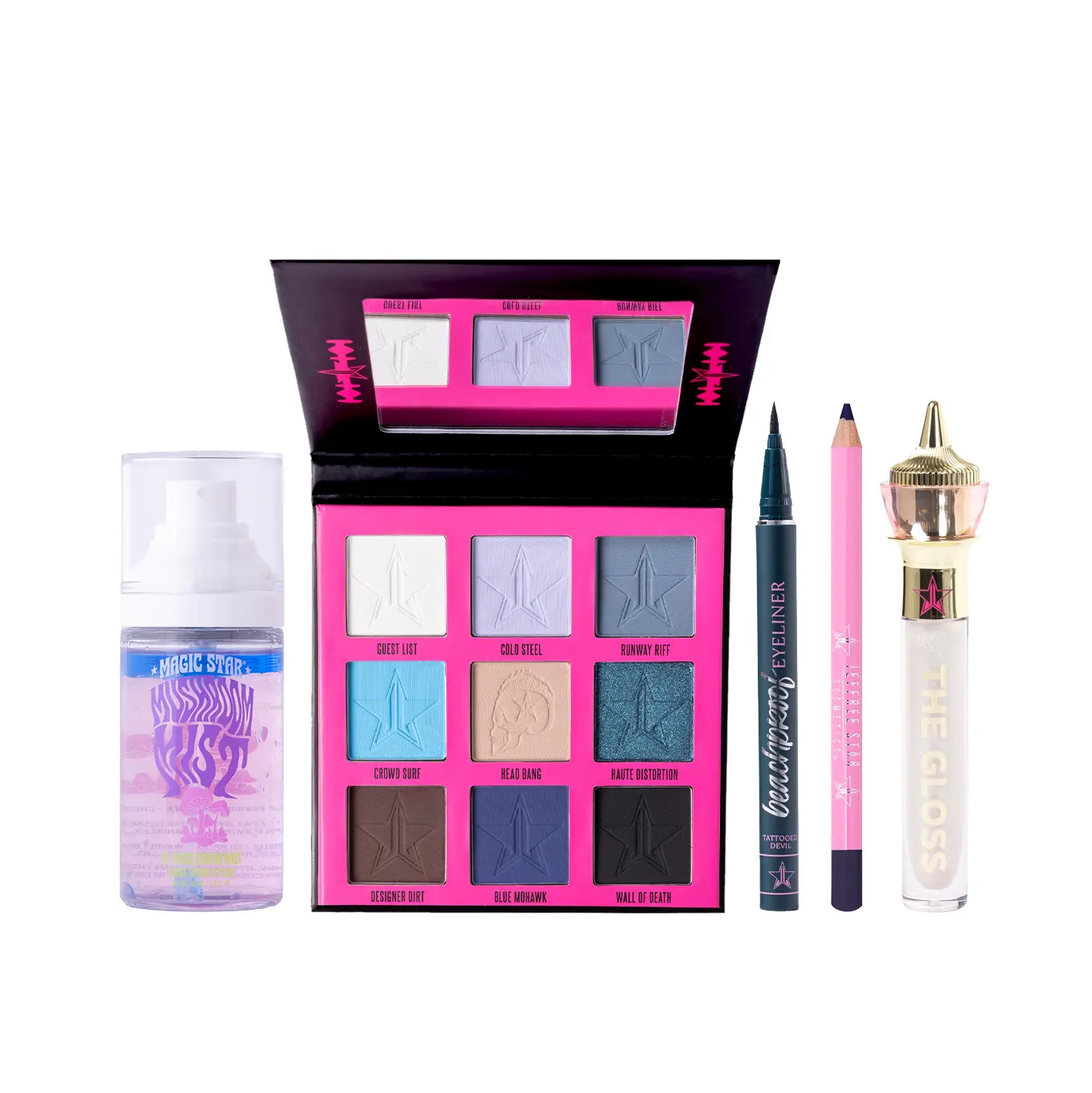 Rebel Royalty Bundle - Magic Star Mushroom Mist, Heavy Metal Couture 9-Pan Palette, BeachProof Eyeliner 'Tattooed Devil', Velour Lip Liner 'Ocean Deep', The Gloss 'Heavens Gate'