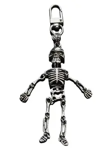 Vintage Silver Jointed Skeleton Bones Skull Charm Pendant Key Ring Clip Gift