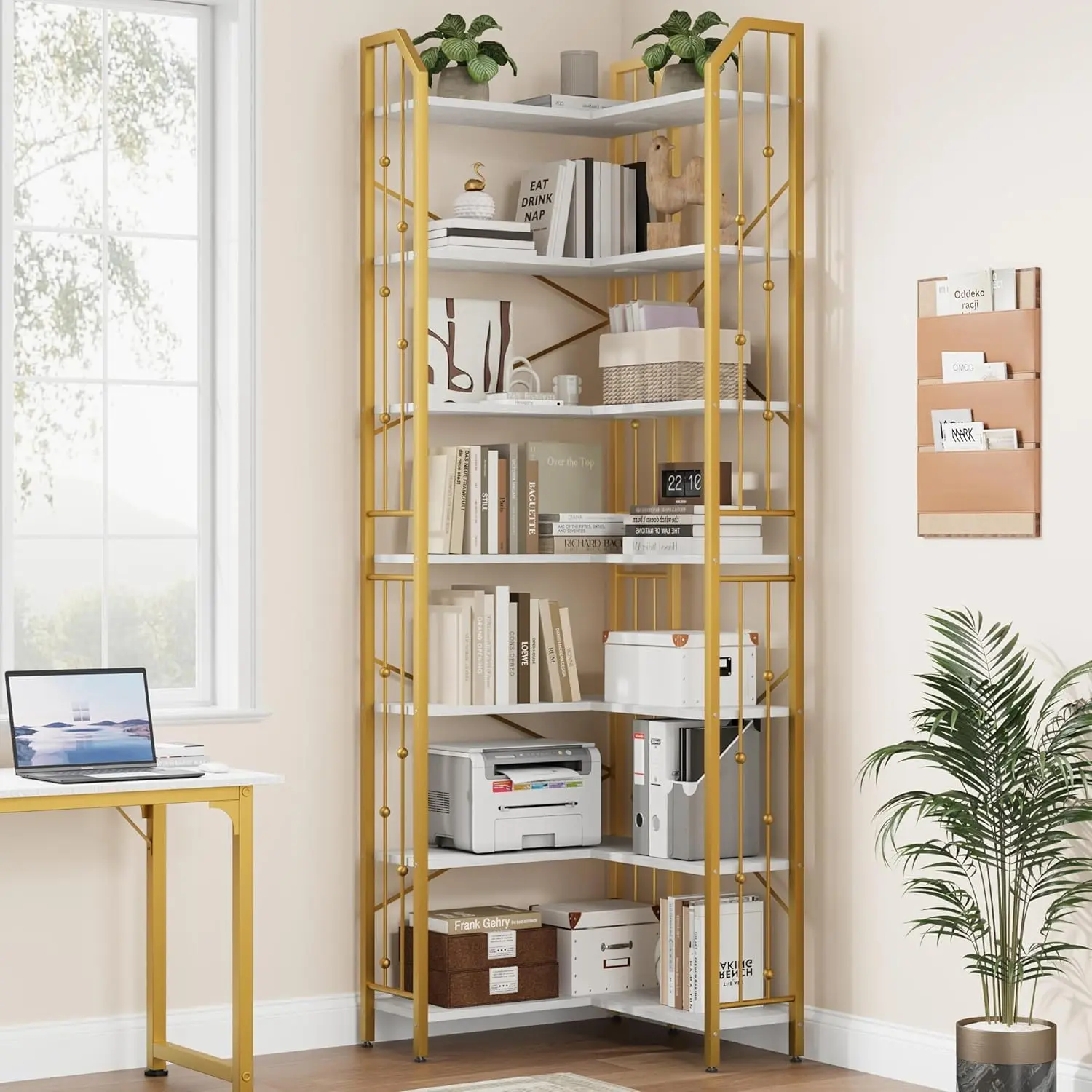 5 or 7 Tier Corner Bookshelf, l-Shaped Bookcase, Tall Corner Bookcase with Beaded Design, Large Display Shelf for Living Room Bedroom