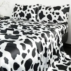 BEKRVIO- Cow Pattern Satin Bomboo Fitted Bed Sheets 4 Piece Set- Breathable Hair Gentle Skin Friendly Wrinkle Free - Silky & Luxuriously Soft Satin Bedding  and Pillowcases  Deep Pockets King Size Cool Touch Heat-Dissipating Fitted Bed Sheet Set