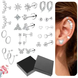 Hypoallergenic Flat Back Stud Earrings for Women Men 316L Surgical Stainless Steel Earrings for Sensitive Ears Small Stud Hoop Silver Gold Black Earrings Cartilage Earring Set for Multiple Piercing