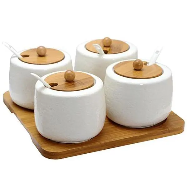 Elama Ceramic Spice, Jam and Salsa Jars w/Bamboo Lids & Serving Spoons