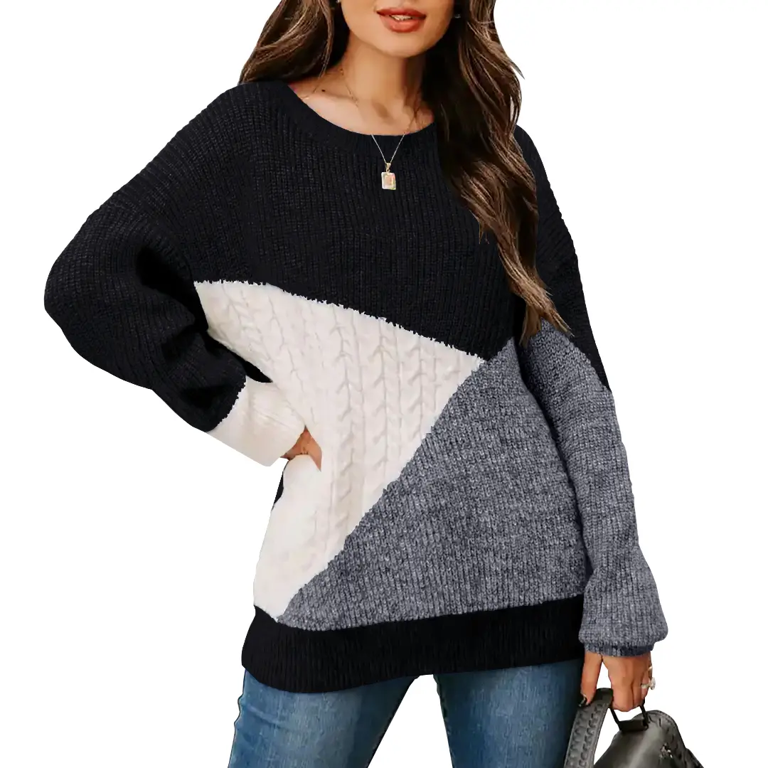 Necooer Women's Color Block Puff Sleeve Sweater - Oversized Soft Knitted Winter Jumper 2025 Retro Comfort Essential for Every Outfit