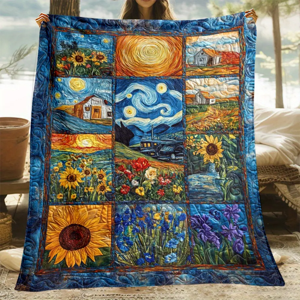 Van Gogh Masterpiece Puzzle Flannel Blanket - Soft, Lightweight & Warm | Vibrant Artistic Design with Starry Night & Sunflowers | Ideal for Sofa, Office, Travel | Cozy All-Season Throw, Perfect Gift for Art Lovers