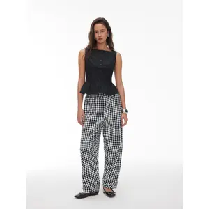 Cider Cotton Boat Neck Peplum Top & Gingham Mid Rise Barrel-leg Trousers Set