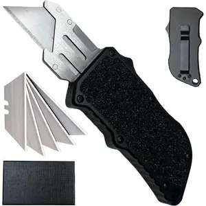 Aviation aluminum utility knife, EDC automatic utility knife, retractable heavy-duty cardboard knife, OTF box opening knifes, replaceable blade pocket knife with clips, with 5 spare SK5 blades (Black)