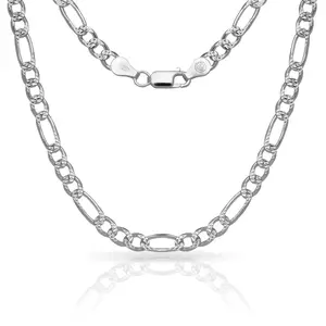 Jewelryweb 925 Sterling Silver Mens Italian 6mm Pave Figaro Chain Necklace