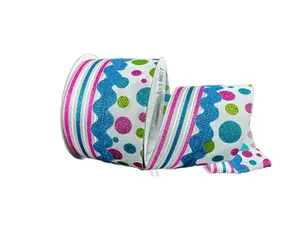 2.5" x 10yd White Faux-Horizontal Stripe Ribbon – Turquoise & Lime with Ric Rac Center