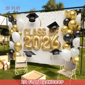 2D Flat 1pc 2026 Graduation Banner with Balloon and Cap Decoration - Gold and Black Two-Tone Font Suitable for wedding, birthday, baptism decorations, photo booth backgrounds, indoor and outdoor parties for coming-of-age ceremonies, and room decoration gi