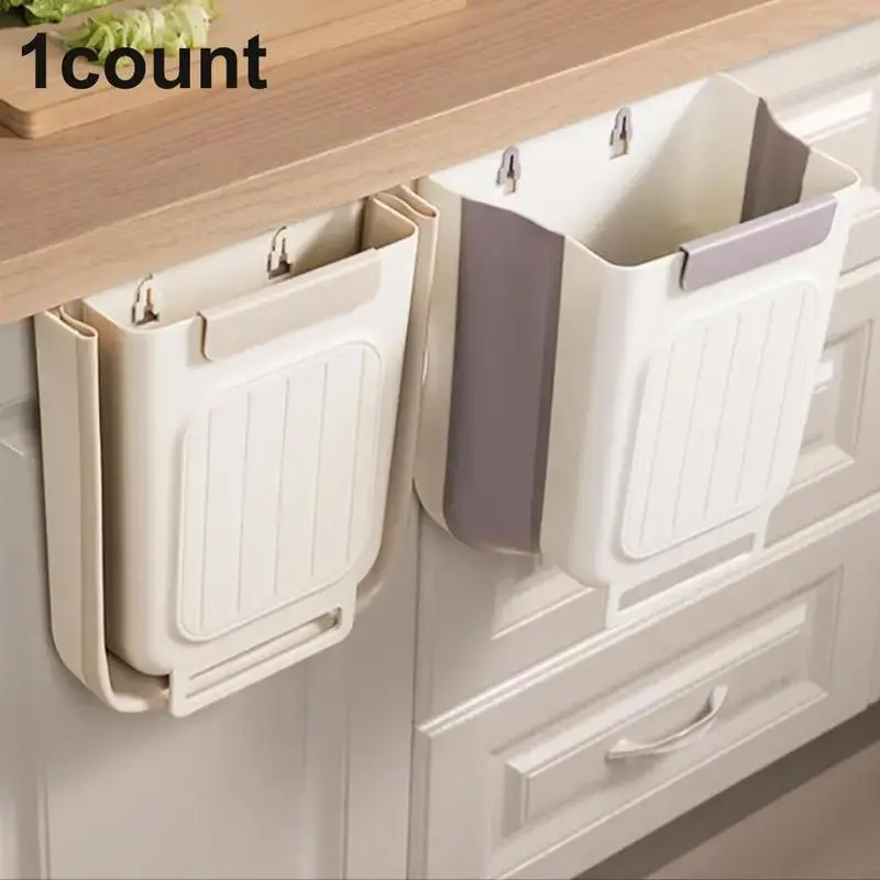 Foldable Wall-Mount Kitchen Trash Can - Durable, Waterproof, Horizontal Open Collapsible Bin with Hook for Efficient Waste Handling, Compact Countertop Home Bathroom Accessory
