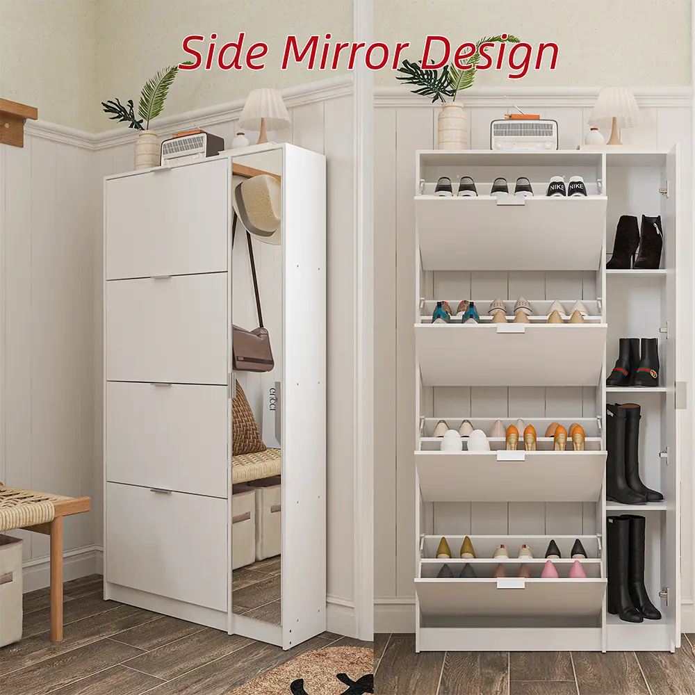 FUFU&GAGA Durable Wood Shoe Rack Organizer - 4-Layer Flip Adjustable Organiser, Special Side Mirror Design for Living Room, Hallway