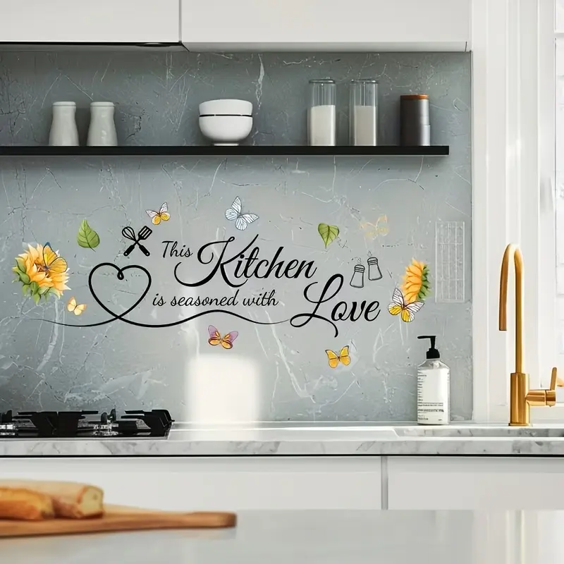 1Pc Flower Butterfly Kitchen Decoration Wall Stickers, DIY Kitchen Slogan Wall Stickers, Removable Vinyl Wall Stickers, Used for Kitchen, Restaurant, Bar, Baking Room Doors, Home Decoration, Valentine's Day, Ramadan Festivals