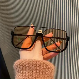 Unisex Retro Oversized Square Sunglasses With Double Bridge Metal Frame AC Lens Night Vision Yellow Tint Fashion Eyewear For Driving Daily Wear