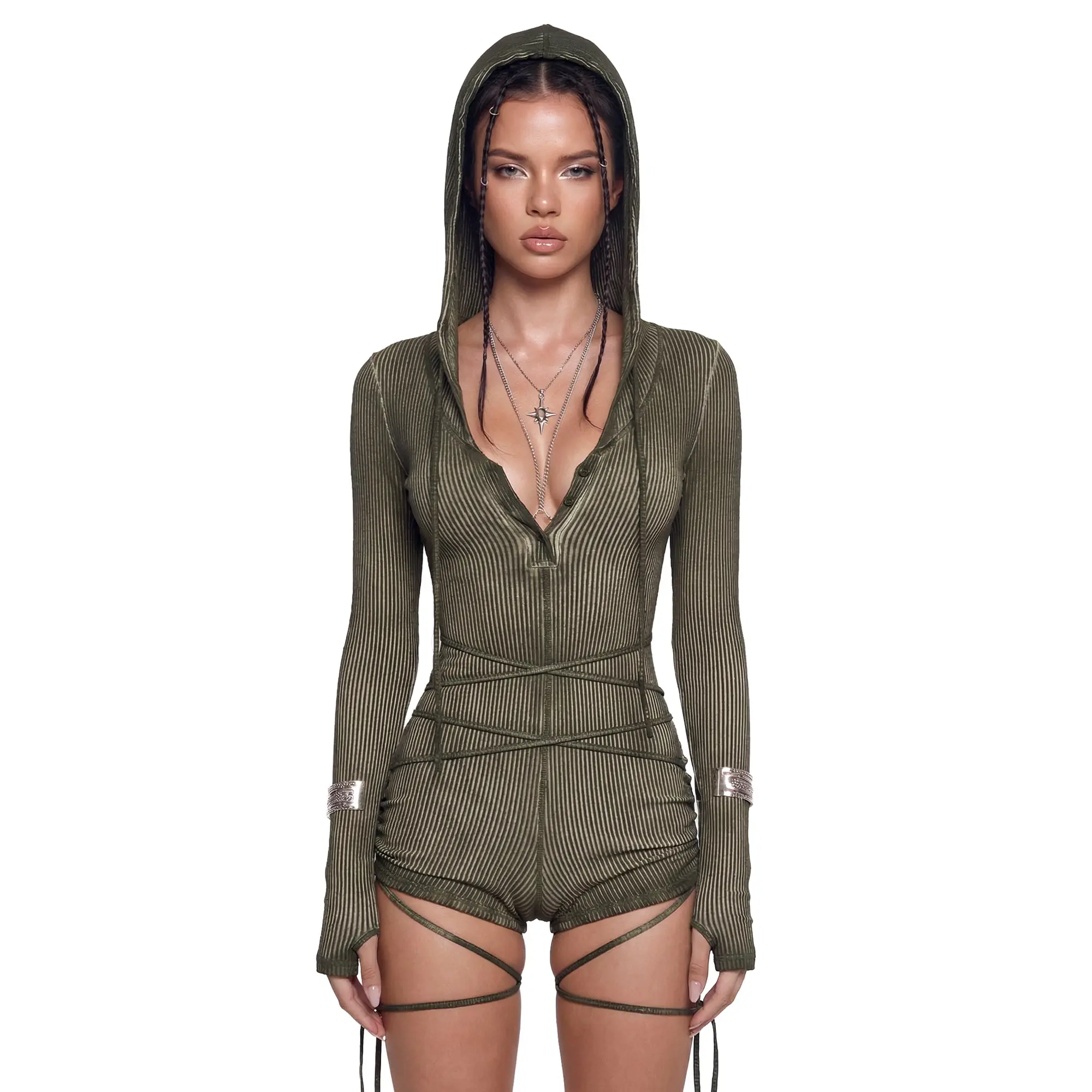 Crossfade Hooded Long Sleeve Romper - Green