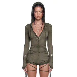 Crossfade Hooded Long Sleeve Romper - Green