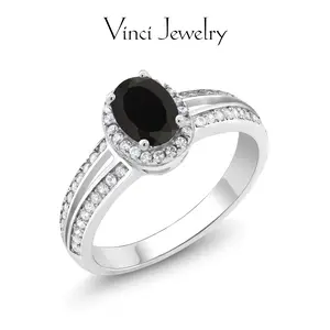 925 Sterling Silver Black Oval Gemstone Ring, Halo Split Shank Band, Vintage Elegant Jewelry for Daily Wear, Wedding, Anniversary, Party
