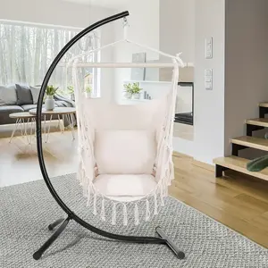 White Canvas Hanging Swing Chair with Wooden Support Frame - Indoor/Outdoor Rocking Chair for Patio, Balcony, Camping - Easy Assembly, Durable Fabric & Sturdy Metal Frame,
