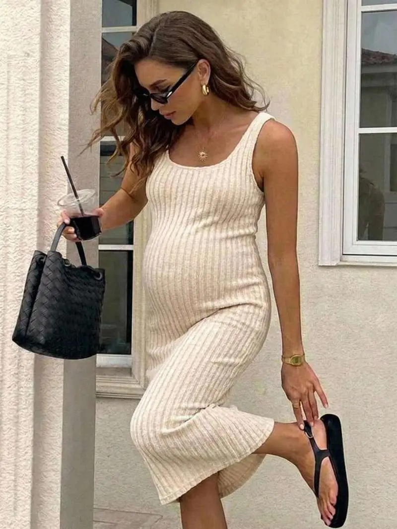 NANCY Maternity Solid Color Sleeveless Scoop Neck Fitted Summer Ribbed Dress