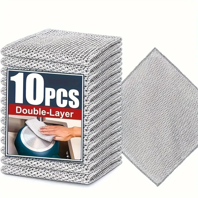 10 Counts Multipurpose Non-Scratch Wire Dishcloths – Double-Layer Reusable Dishwashing Rags for Wet & Dry Use, Kitchen Cleaning Cloth for Sinks, Pans & Dishes, Washable & Durable