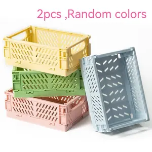 2pcs Plastic Folding Basket, Mini Stackable Crates Decor, Pastel Aesthetic Stacking Folding Plastic Storage Crate, Foldable Bin Baskets Tray with Handles