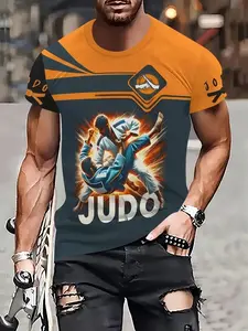 Men's Casual Judo Pattern T-Shirt, Round Neck Short Sleeve, Polyester Knit Fabric, Slightly Elastic, Regular Fit, Long Clothing