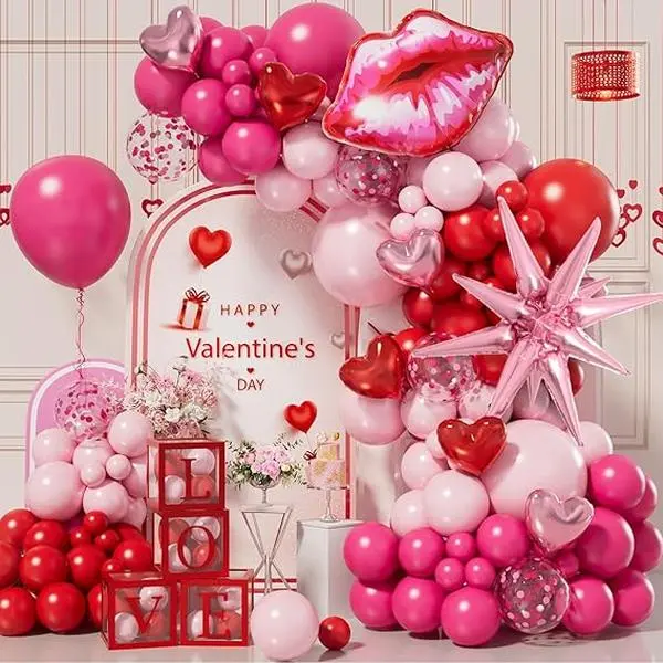 152pcs Valentines Day Balloon Arch Garland Kit with Hot Pink Red Pastel Pink Confetti Balloons Heart Star Foil Balloon for Anniversary Wedding Romantic Decorations