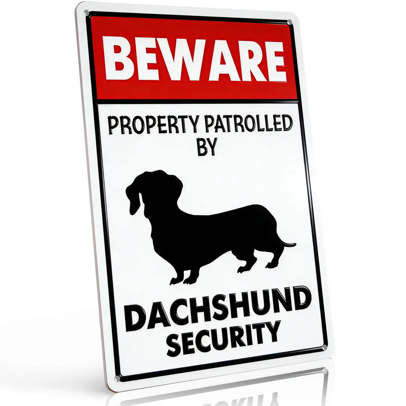"Property Patrolled By Dachshund Security" 8x12 Inch Aluminum Metal Sign - Funny Dachshund Owner Wall Decor for Yard, Gate, and Fence - Retro Tin Poster with Dachshund Silhouette - Durable, Weatherproof, and Easy to Hang