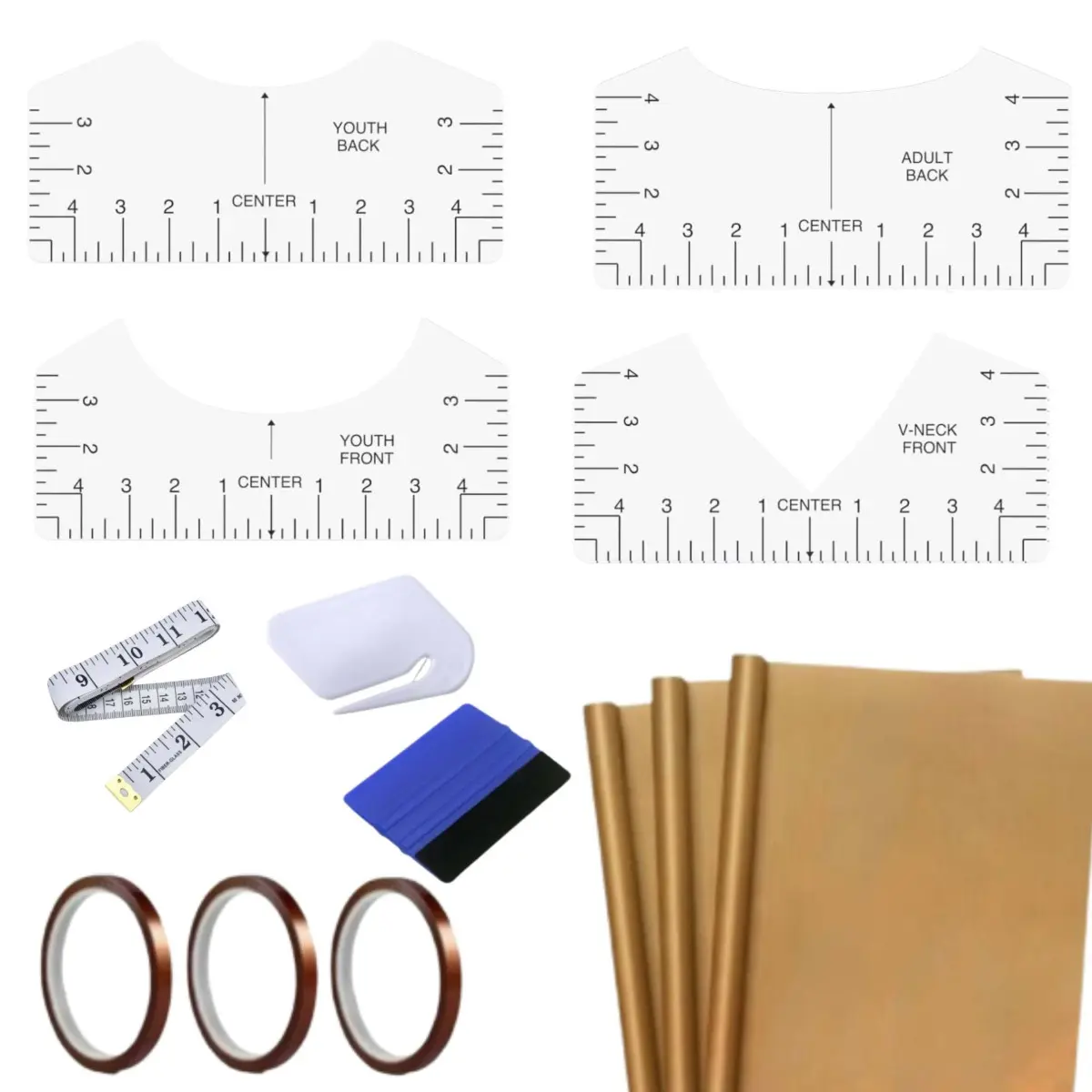 13-Piece Reusable Sublimation Sewing Kit - Heat-Resistant Sewing Tool Set with 4 Tshirt Ruler Guides, 3 Teflon Paper Rolls, 3 Heat Transfer Tape Rolls, Measuring Tape, Scraper, Cutting Tool for Wedding Shirts, Craft Room DIY Design