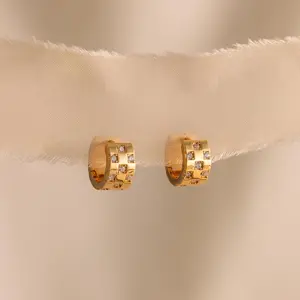 Pave Checkered Huggies by Caitlyn Minimalist - Chunky Gold Art Deco Diamond Earrings - Geometric Crystal Hoop Earrings - Statement Jewelry - Anniversary Gift