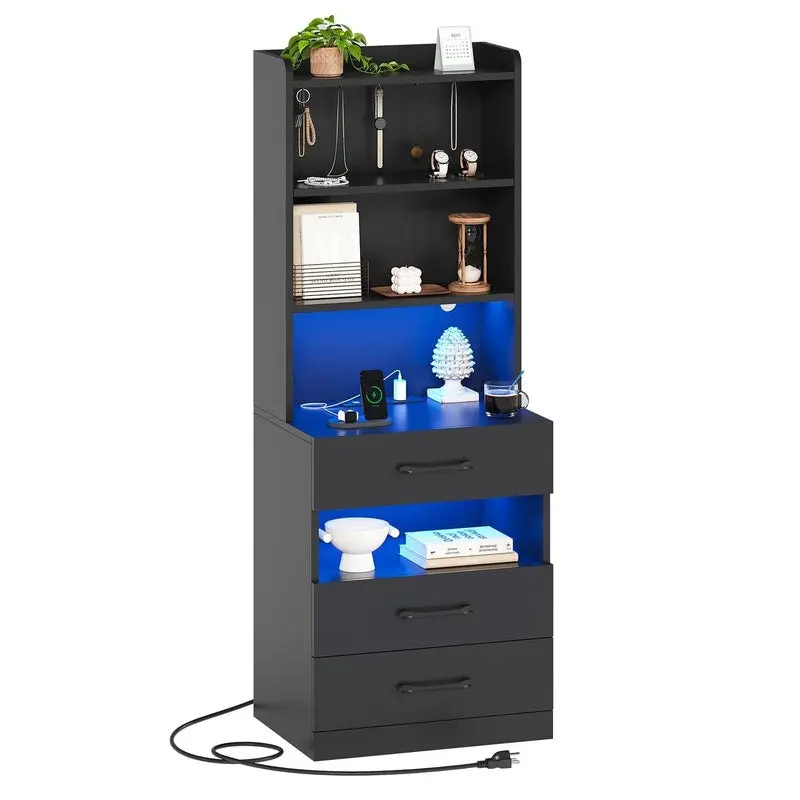 Sikaic Tall Nightstand with Charging Station and LED Lights, Bedside Table with 3 Drawers, Storage Shelves and Bookshelf, Modern End Table for Bedroom Summerwins