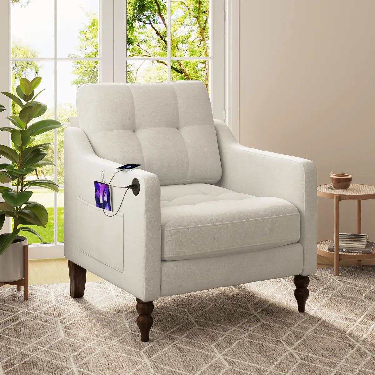 Chenille Oversized Armchair w/USB charging port, 31.5" Wide Accent Chairs for Living Room & Bedroom Modern Lounge Chair, Upholstered Mid-Century Reading Chair, Comfy Living Room Chair, Single Sofa Chair