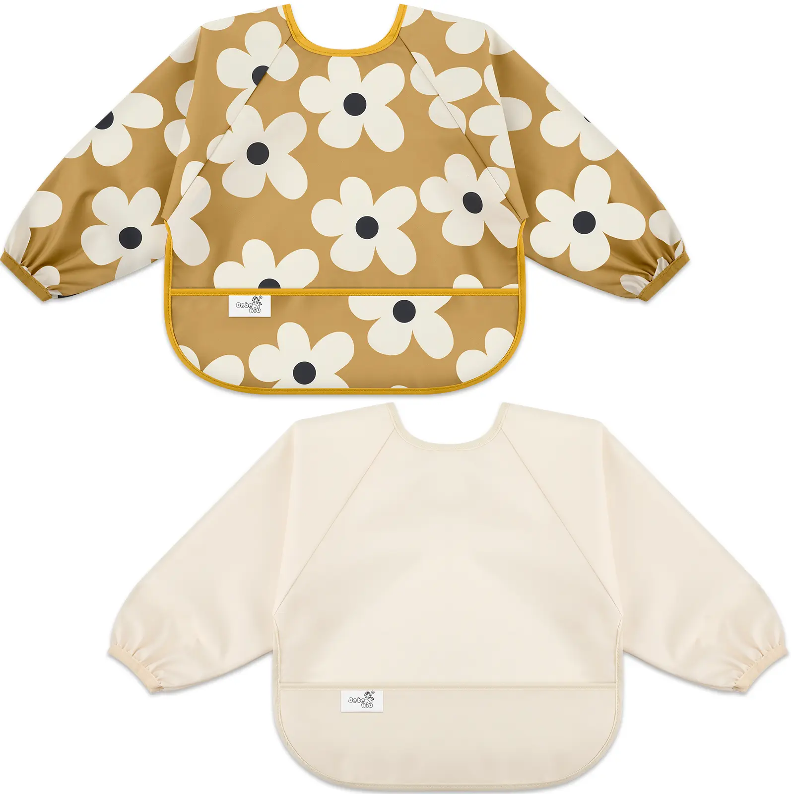 Long-Sleeve Waterproof Smock Bib with Catch-All Pocket, All Over Coverall for Mess-Proof Feeding, Fits Baby & Toddler 0-2 Years, Comfortable, Mess-Free Bibs & Burp Cloths, Polyester Clothing
