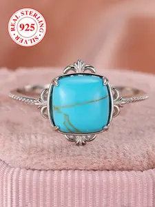 S925 Sterling Silver Vintage Style Turquoise Decorated Ring, Fashion Jewelry for Party, Daily Decor, Trendy All-match & Exquisite Jewelry for Birthday Gift, with Box, Turquoise Texture Rings
