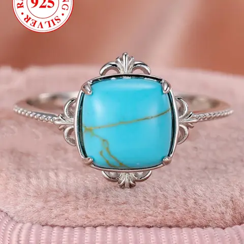 S925 Sterling Silver Vintage Style Turquoise Decorated Ring, Vintage Inspired Ring, Fashion Jewelry for Party, Daily Decor, Trendy All-match & Exquisite Jewelry for Birthday Gift, with Box, Turquoise Texture Real Rings, Beautiful Rings