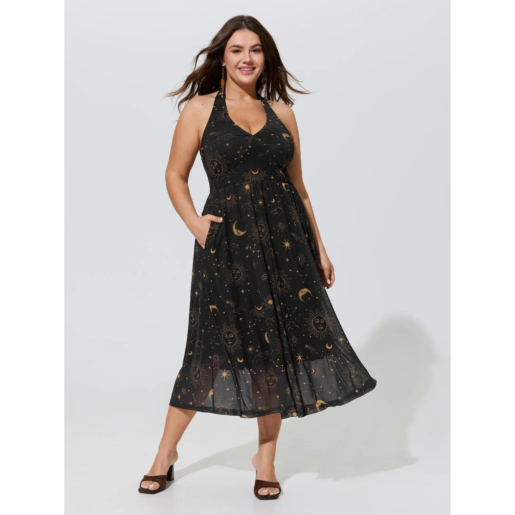 BLOOMCHIC Plus Size Constellation Print Halter Neck Mesh Midi Dress[M-6X] Summerfinds, Polyester, Spandex, Garment
