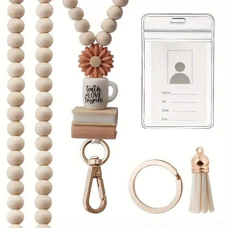Wooden Bead Necklace & Keychain Badge Reel & Card Holder Set, 1 Set Creative ID Badge Holder Set, Identification Badges & Supplies, Badge Accessories for Teacher Gift, Personalized Lanyard