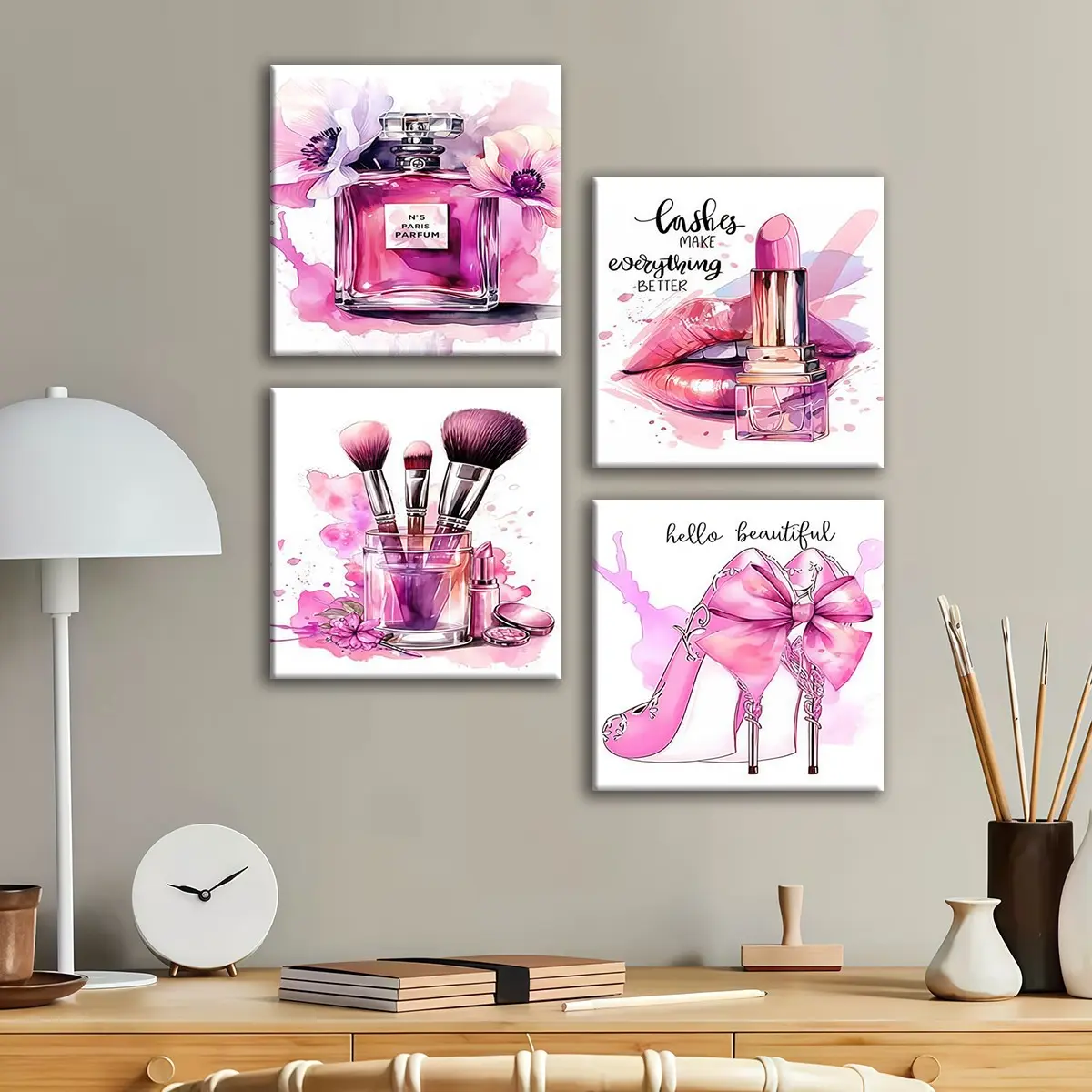 4-count wooden frame canvas, pink watercolor beauty four-panel decorative poster, fashionable living room and bedroom decoration, exquisite family poster, corridor wall hanging painting, waterproof art, Creative Modern Decoration, Home Wall Art