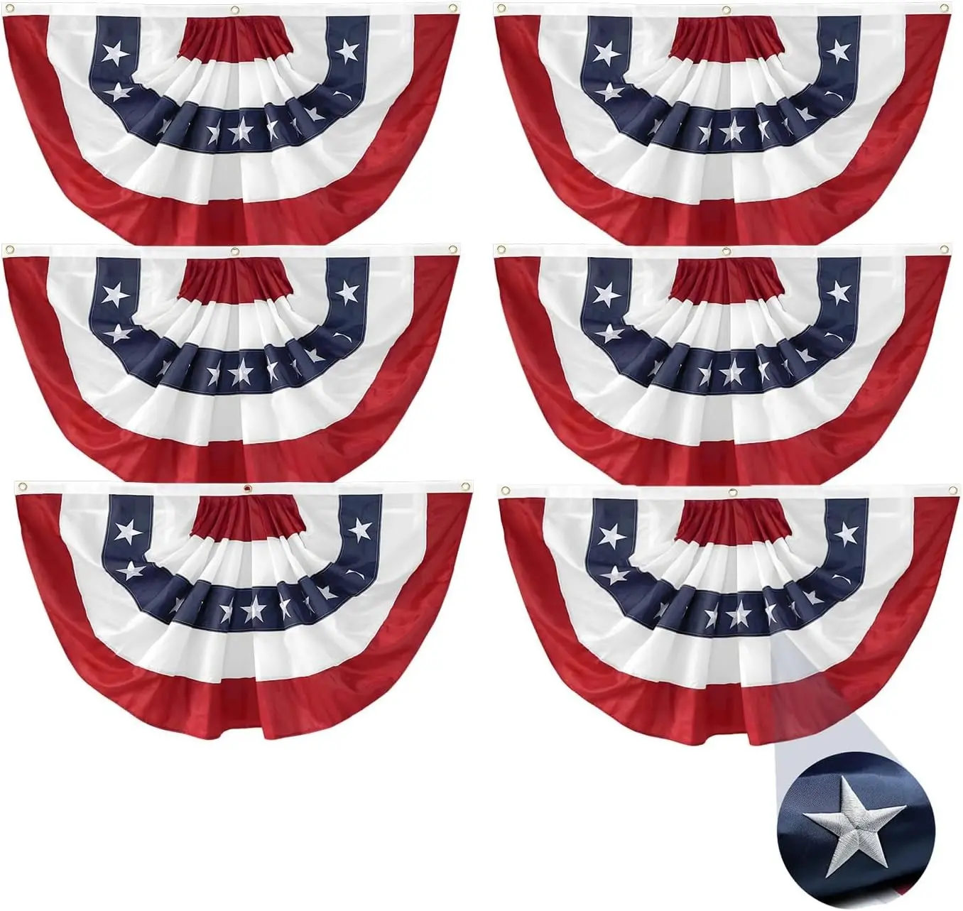 6Pack 4th of July Bunting Flags 1.5x3 Ft American Patriotic Day Decoration Pleated Half Fan Bunting Decor Outside Porch USA Flag Garden Embroidered Star Red White & Blue Stripe Banner
