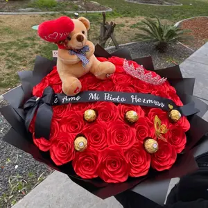 Ramo de (50ct)Rosas Rojas con Listón Personalizado y Mono de Peluche para Regalo Romántico con Teddy Bear y Ferrero Rocher