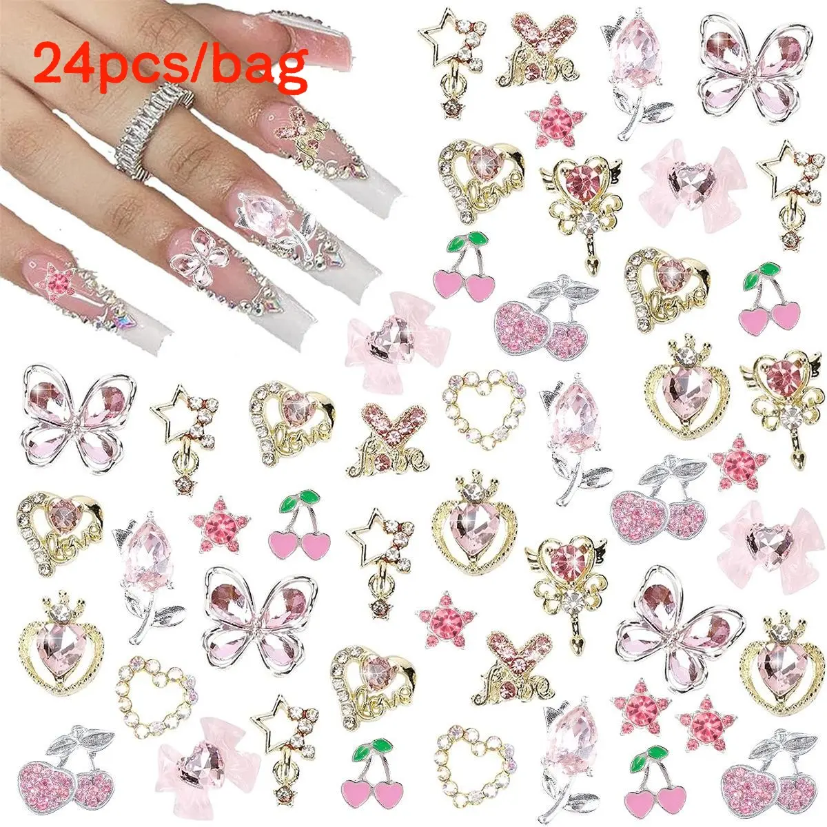 Butterfly & Heart & Cherry & Bowknot Design Nail Art Charms, Nail Art Gems, 24pcs/set Rhinestone Decor Nail Art Decoration, DIY Nail Art Decoration for Women & Girls, Diy Nail Kit, Bling Rhinestone Decoration, Nail Art Supplies, Nail Rhinestones