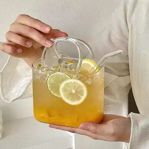 Reusable Glass Cup with Straw, Square Cocktail Mug for Juice, Smoothies and Iced Tea, Stylish Drinkware, Holiday Gift for Christmas, Halloween, Thanksgiving and Hanukkah