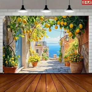 2D Flat Lemon Tree Backdrop] Vibrant Italian Coastal Scene - Amalfi Coast Lemon Tree Photography Backdrop Banner with Lemons, Flowers & Cobblestone Path | Rustic Charm Polyester Backdrop for Outdoor Events, Weddin, Outdoor Banners