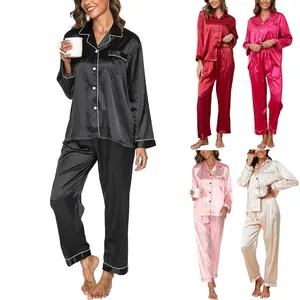 Women's Satin Pajama Set - 2PC Long Sleeve Button Down Loungewear with Pockets & Soft Short Sleeve Nightwear Pants, Perfect Sleepwear for Comfort & Style, Elegant Silk Fabric, V-neck Design, Elastic Waistband, Ideal for Special Occasions