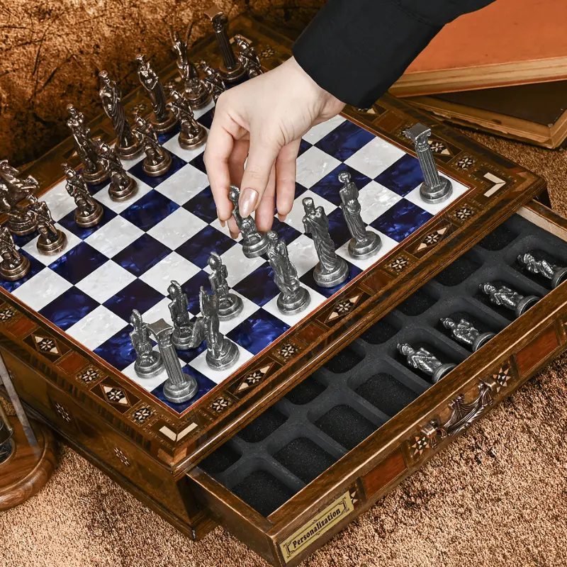 Large Handmade Chess Board and Metal Pieces, Luxury Birthday Gift Man, Husband, Custom Chess Board with Storage, Christmas Gift Dad
