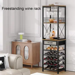 Wine Rack Freestanding Floor Bar Cabinet for Liquor and Glasses 4-Tier Glass Holder and Storage Drawer for Home Bar Kitchen Metal Utensils