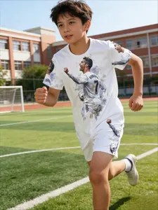 Kids 2 Piece Outfits White Watercolor Cristiano Ronaldo Real Madrid 7 Jersey RONALDO Print Boys Summer Short Sleeve T Shirt + Shorts Set Casual Athletic Football Soccer Theme Breathable Casual Clothes for School Daily Children
